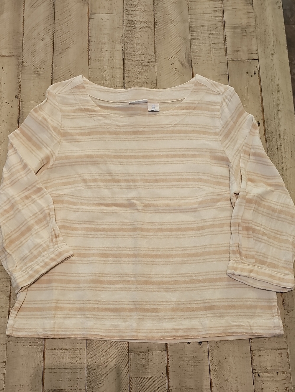 Sigrid Olsen Striped Cream & Beige Three-Quarter Sleeve Top